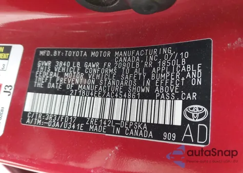 2010 Toyota Corolla S из США, поврежденный, VIN 2T1BU4EE7AC454861